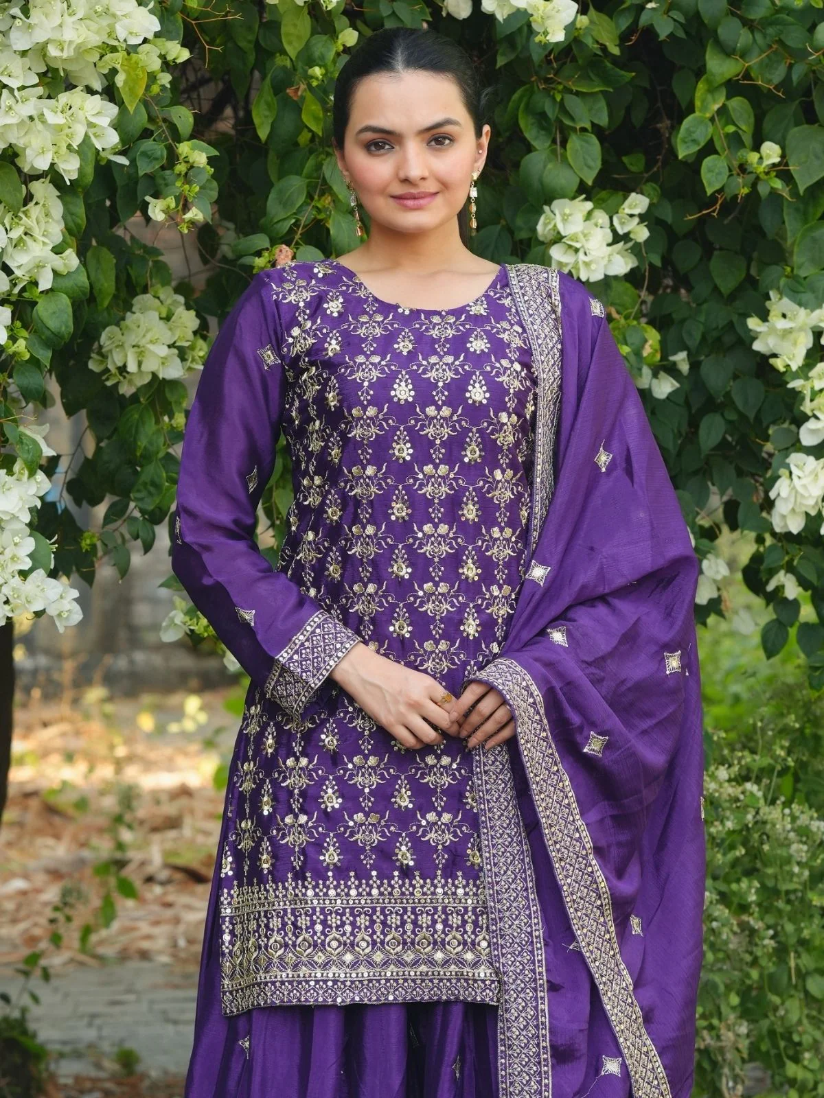 Odette Purple Chinon Embroidered Stitched Kurta Set For Women - Image 4