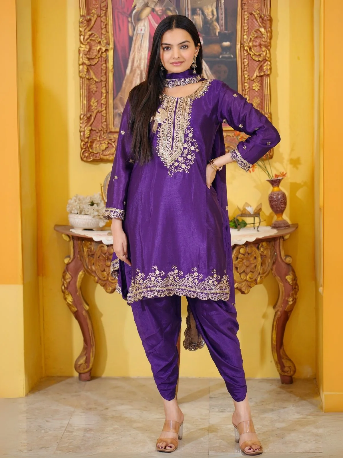 Odette Purple Chinon Embroidered Stitched Kurta Set For Women