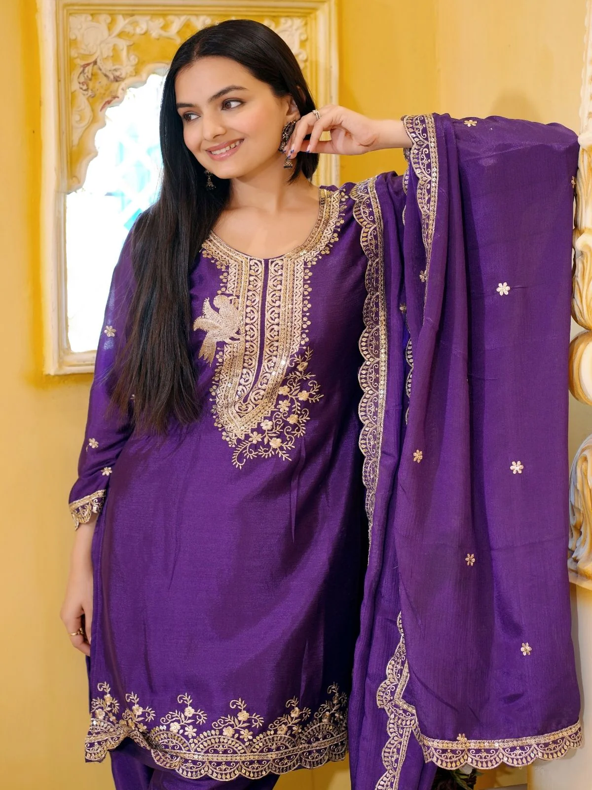 Odette Purple Chinon Embroidered Stitched Kurta Set For Women - Image 4
