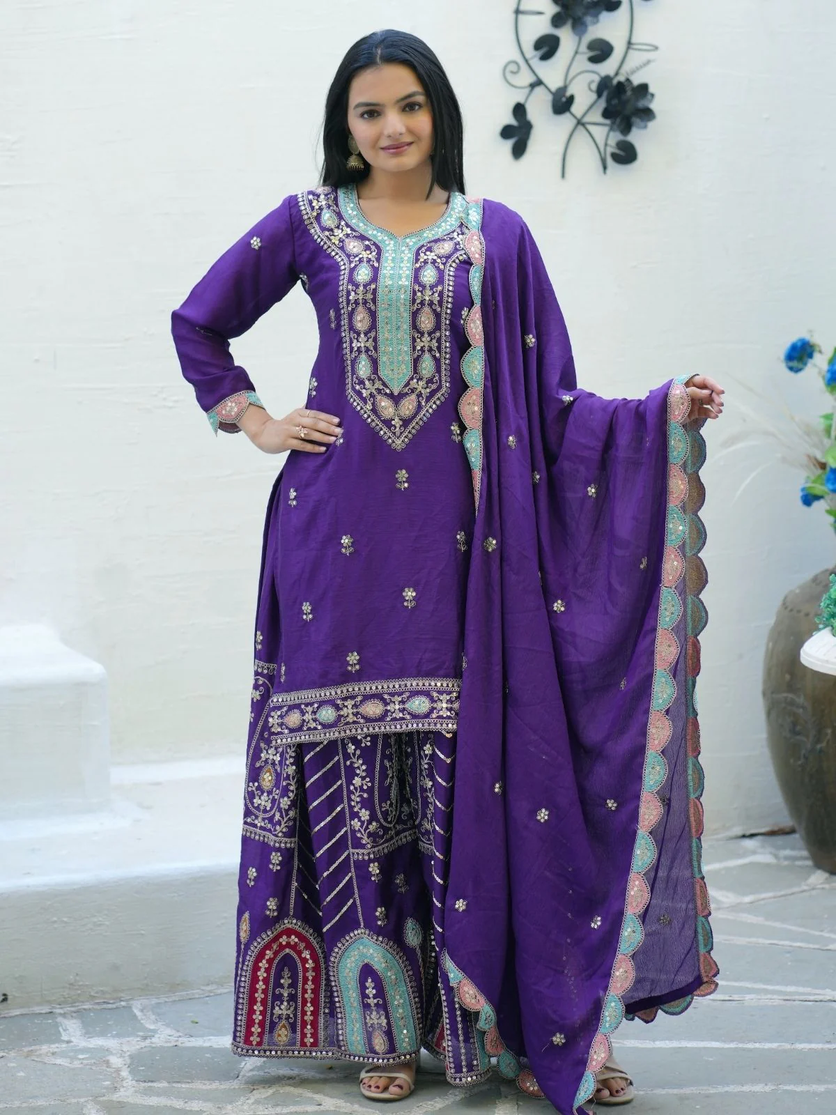 Odette Purple Chinon Embroidered Stitched Kurta Set For Women