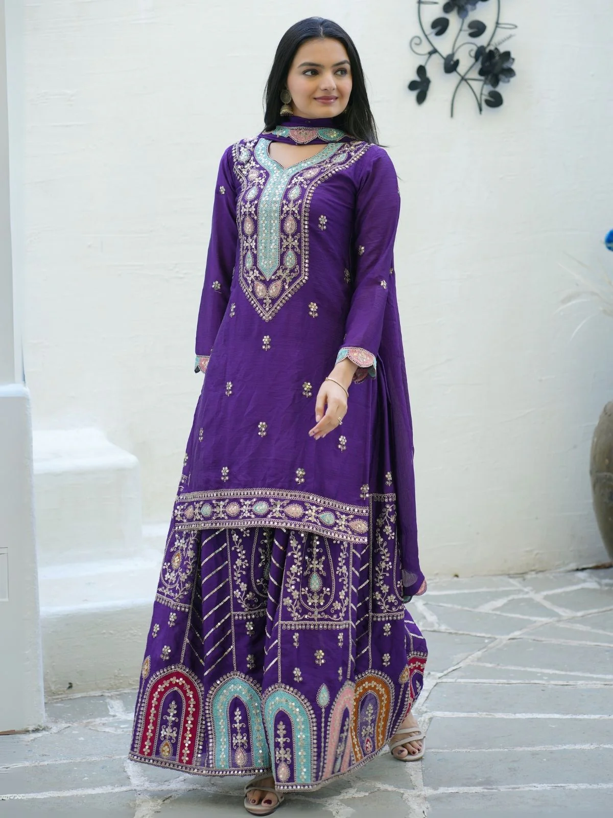 Odette Purple Chinon Embroidered Stitched Kurta Set For Women - Image 2