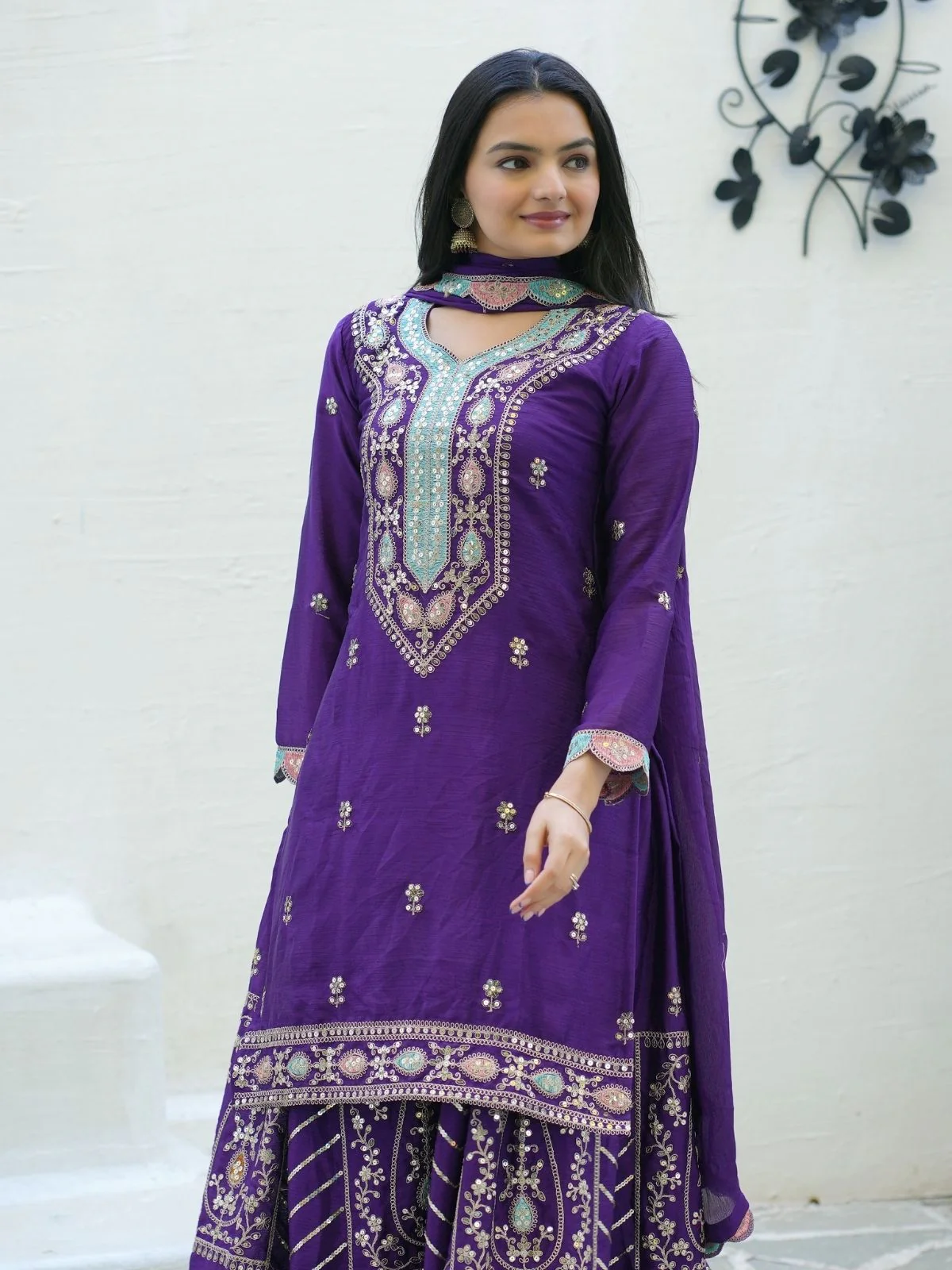 Odette Purple Chinon Embroidered Stitched Kurta Set For Women - Image 3