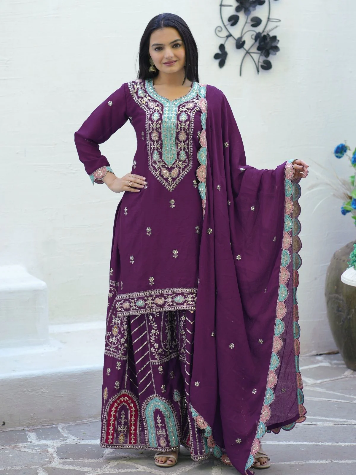 Odette Purple Chinon Embroidered Stitched Kurta Set For Women