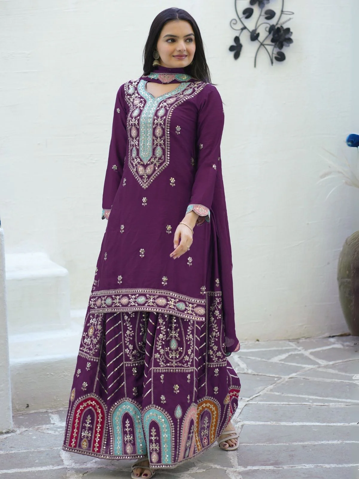 Odette Purple Chinon Embroidered Stitched Kurta Set For Women - Image 2