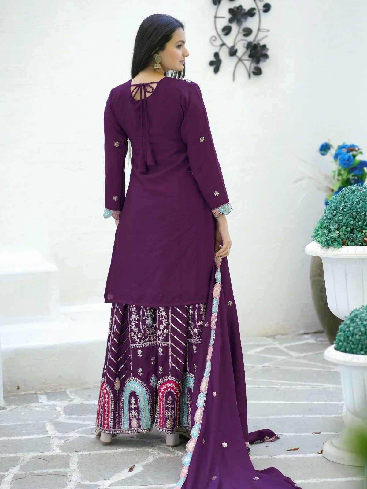 Odette Purple Chinon Embroidered Stitched Kurta Set For Women - Image 3