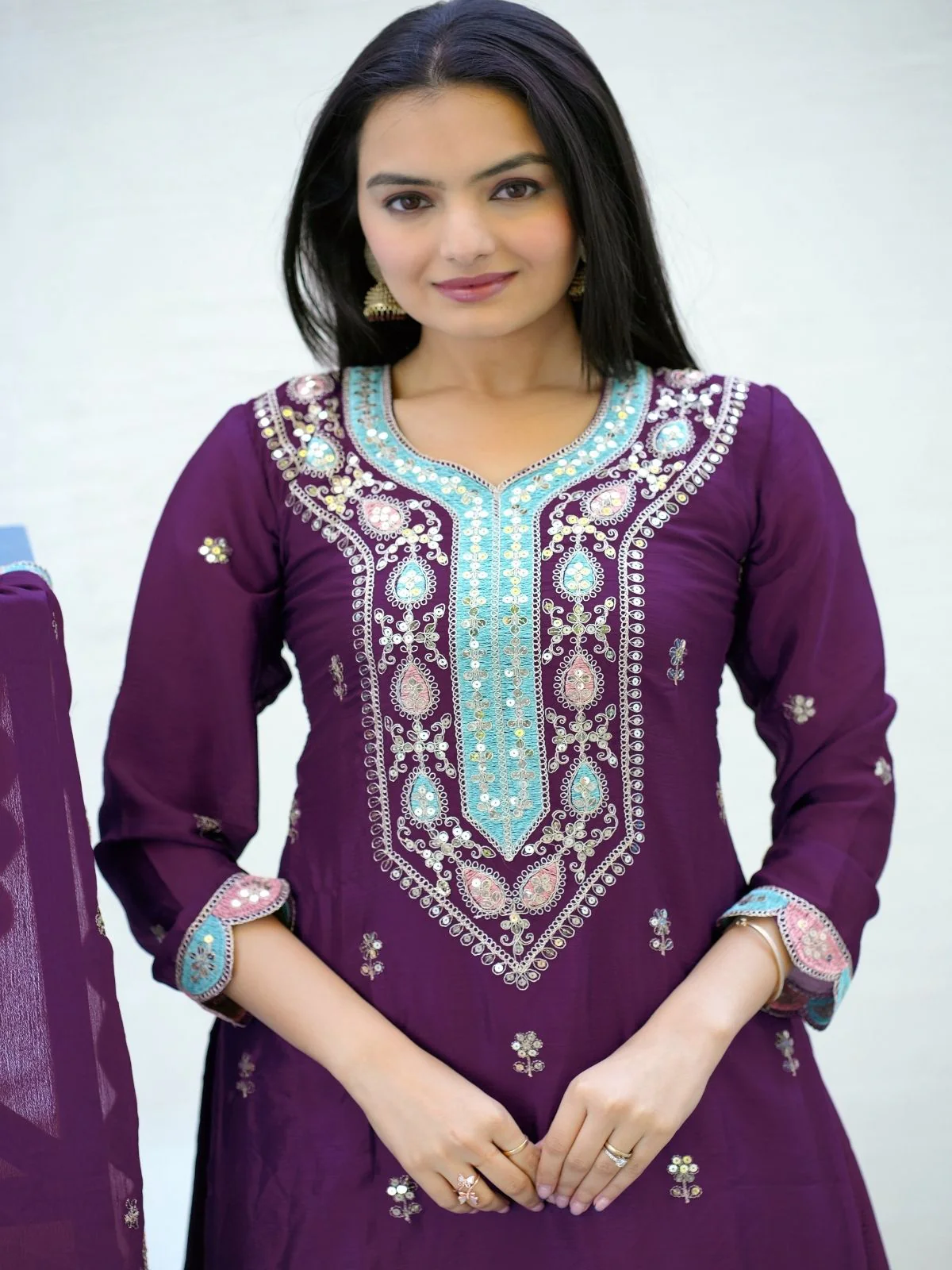 Odette Purple Chinon Embroidered Stitched Kurta Set For Women - Image 4