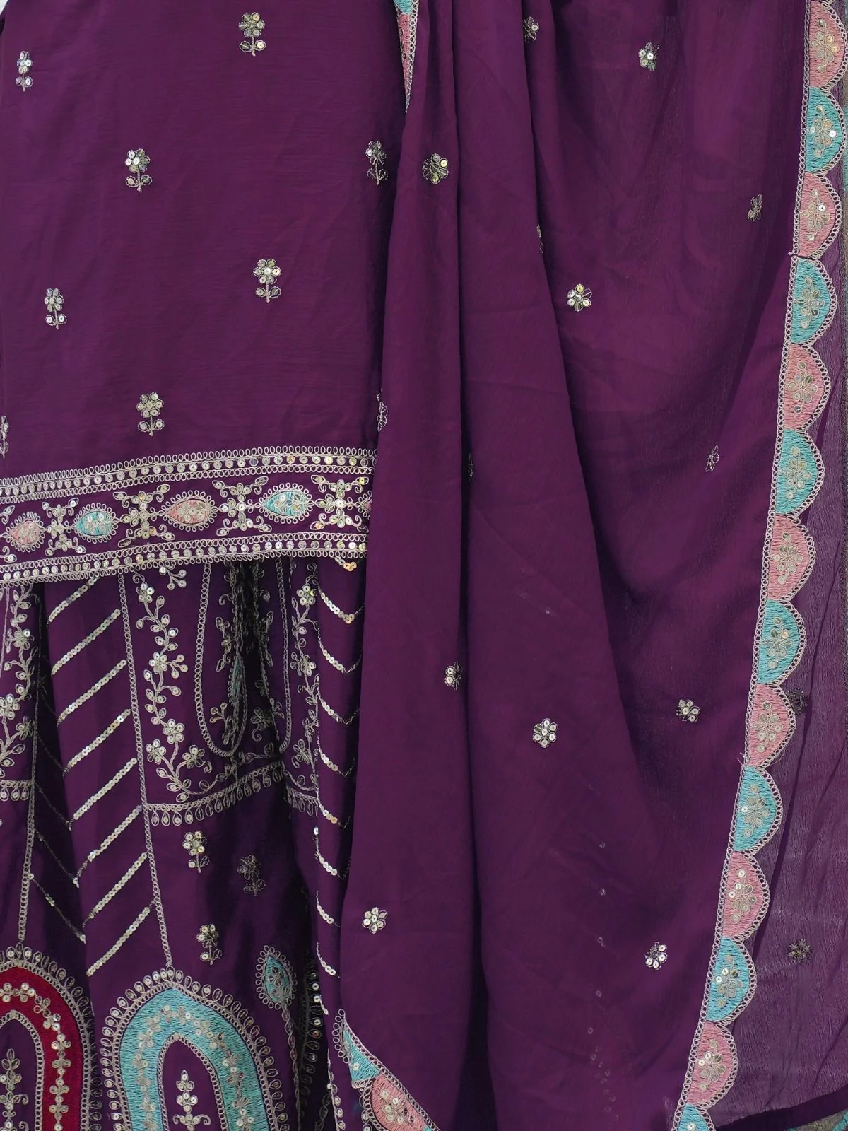 Odette Purple Chinon Embroidered Stitched Kurta Set For Women - Image 6