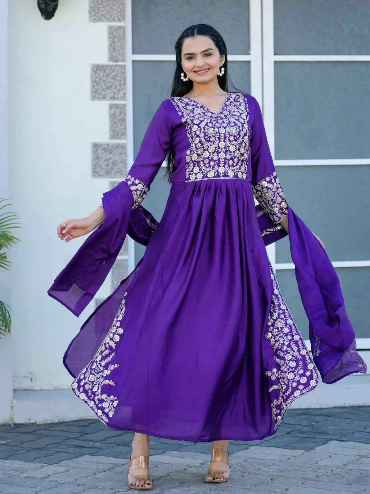 Odette Purple Chinon Embroidered Stitched Kurta Set For Women