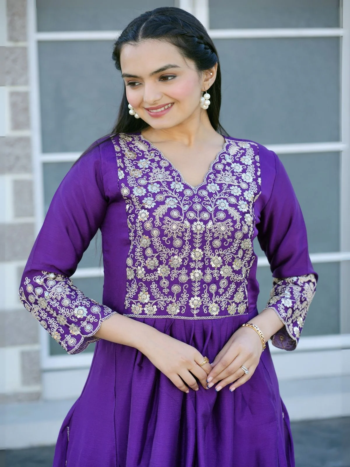 Odette Purple Chinon Embroidered Stitched Kurta Set For Women - Image 3