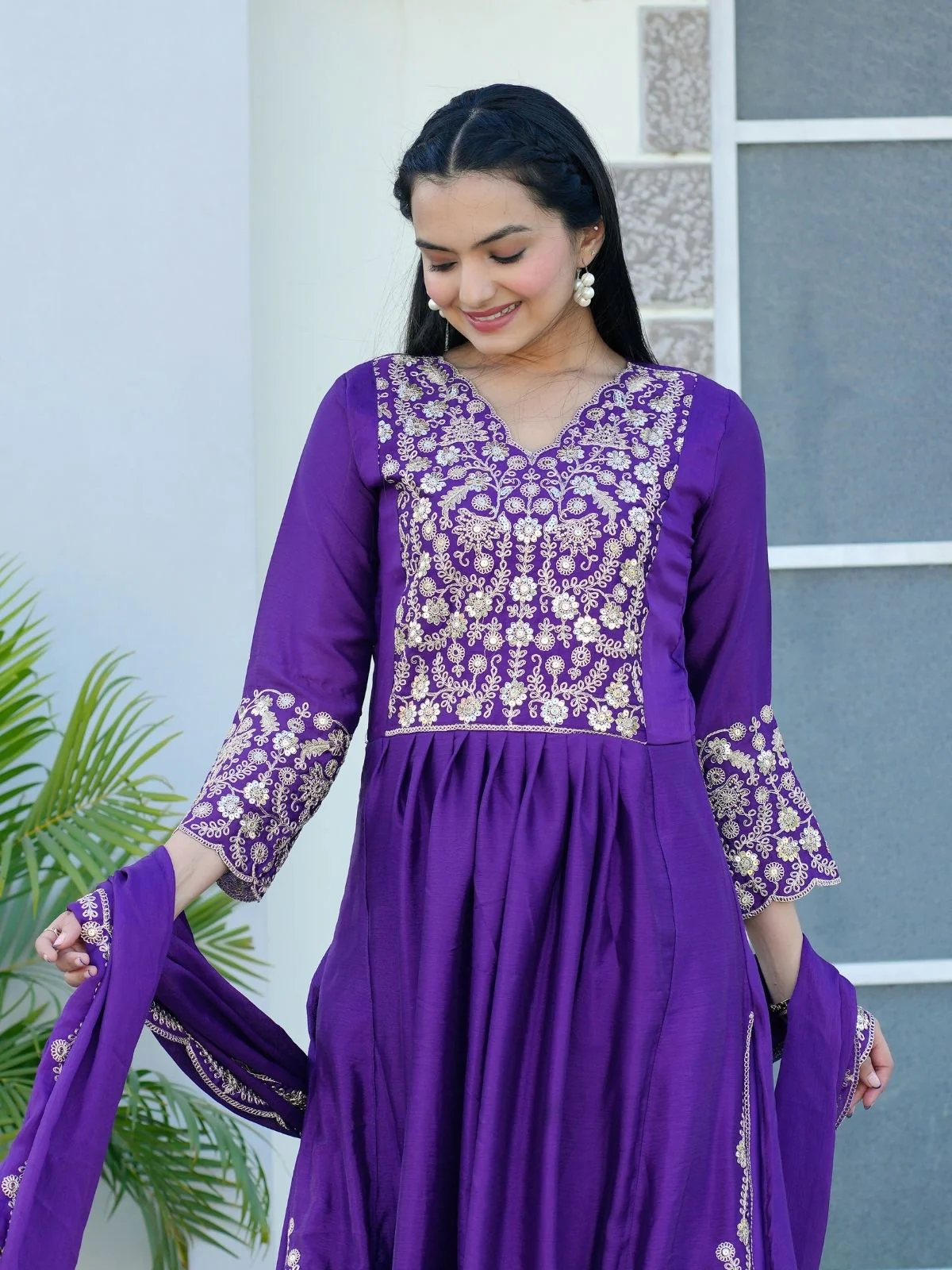 Odette Purple Chinon Embroidered Stitched Kurta Set For Women - Image 4