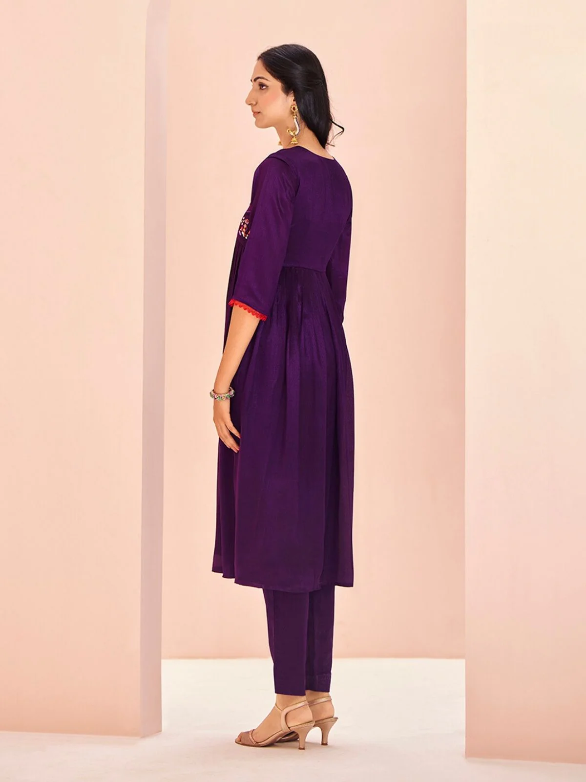 Odette Purple Chinon Embroidered Stitched Kurta Set For Women - Image 4