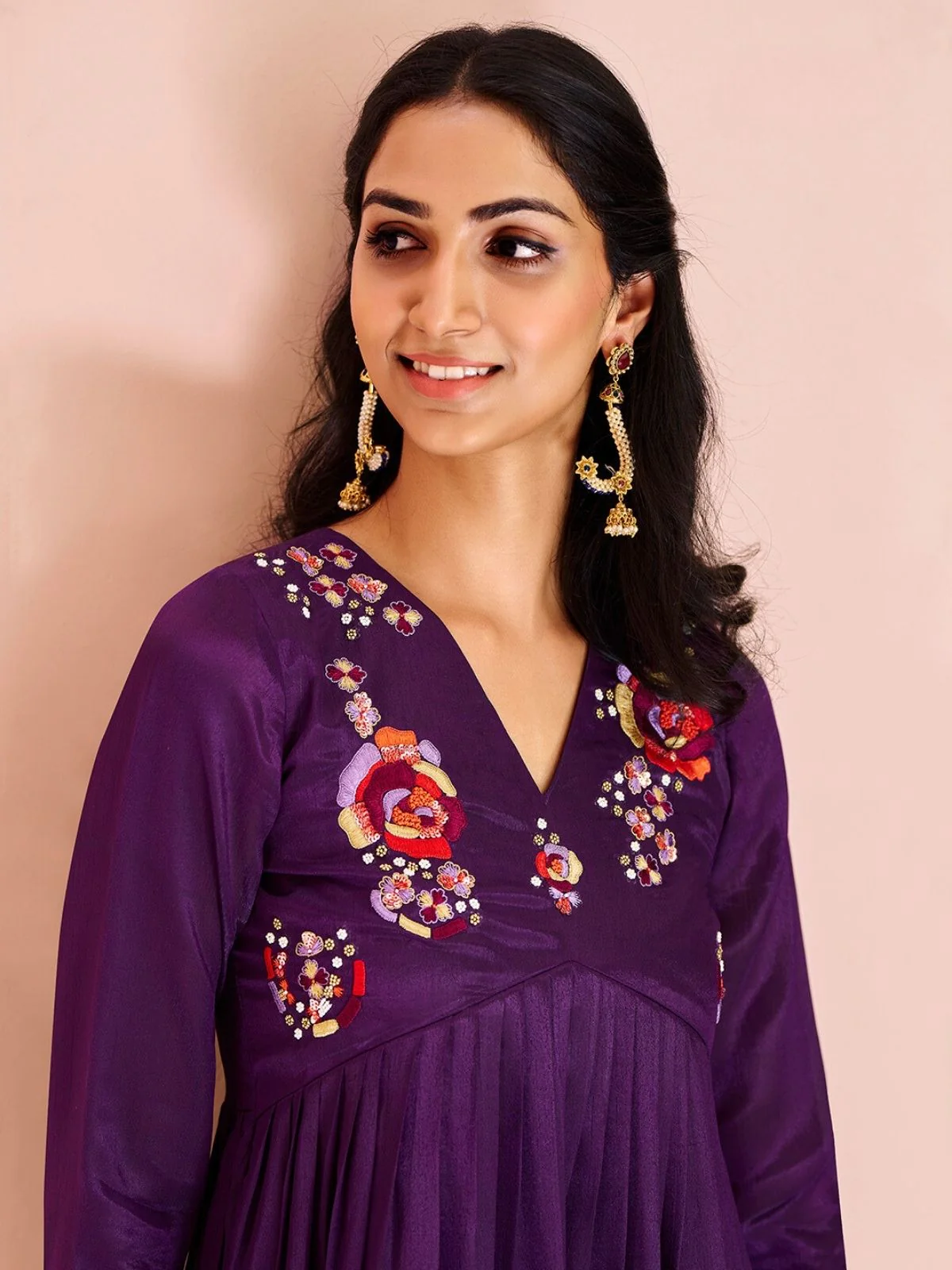 Odette Purple Chinon Embroidered Stitched Kurta Set For Women - Image 6