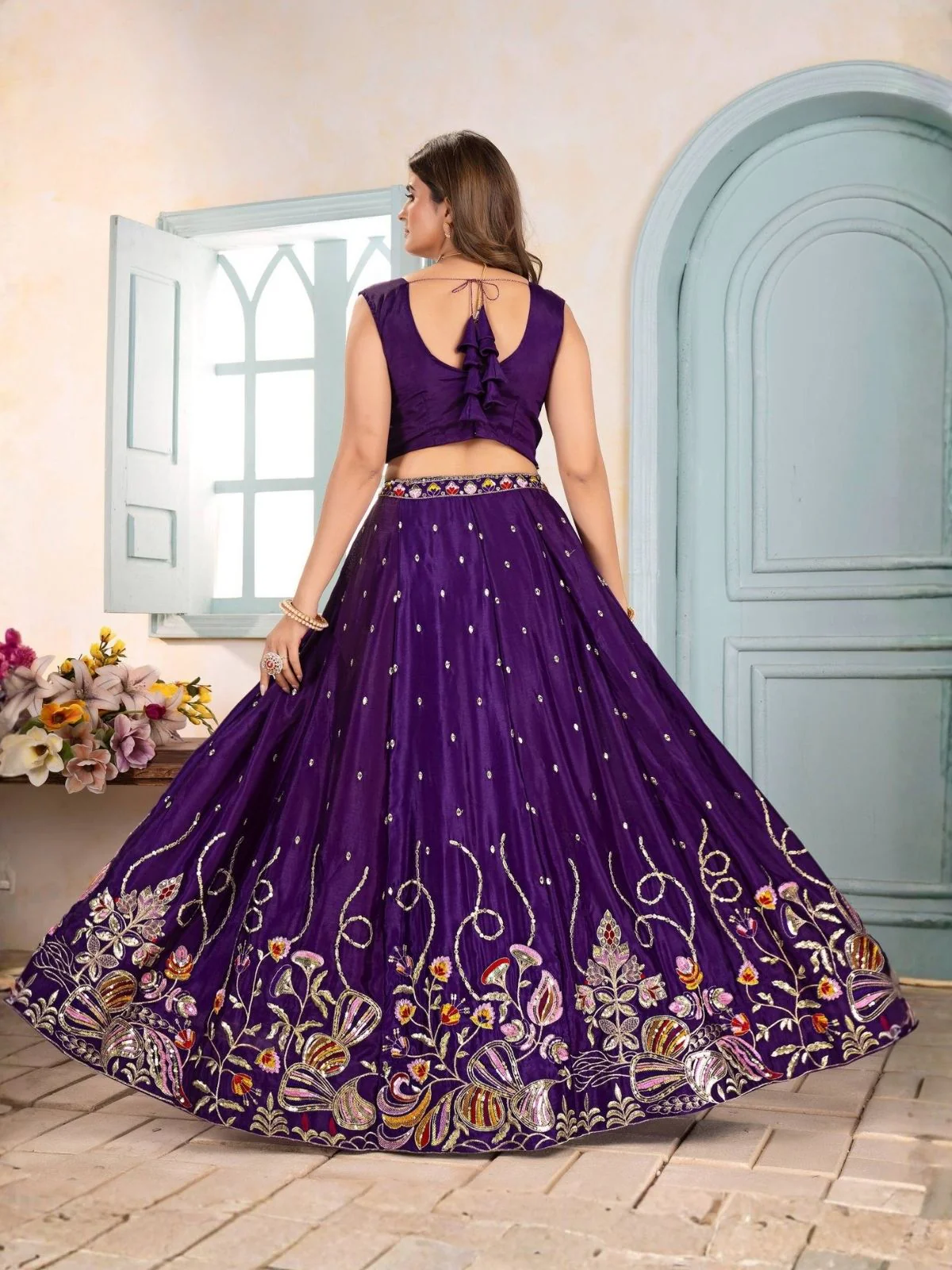 Odette Purple Chinon Sequence Embroidered Semi-Stitched Lehenga For Women - Image 2