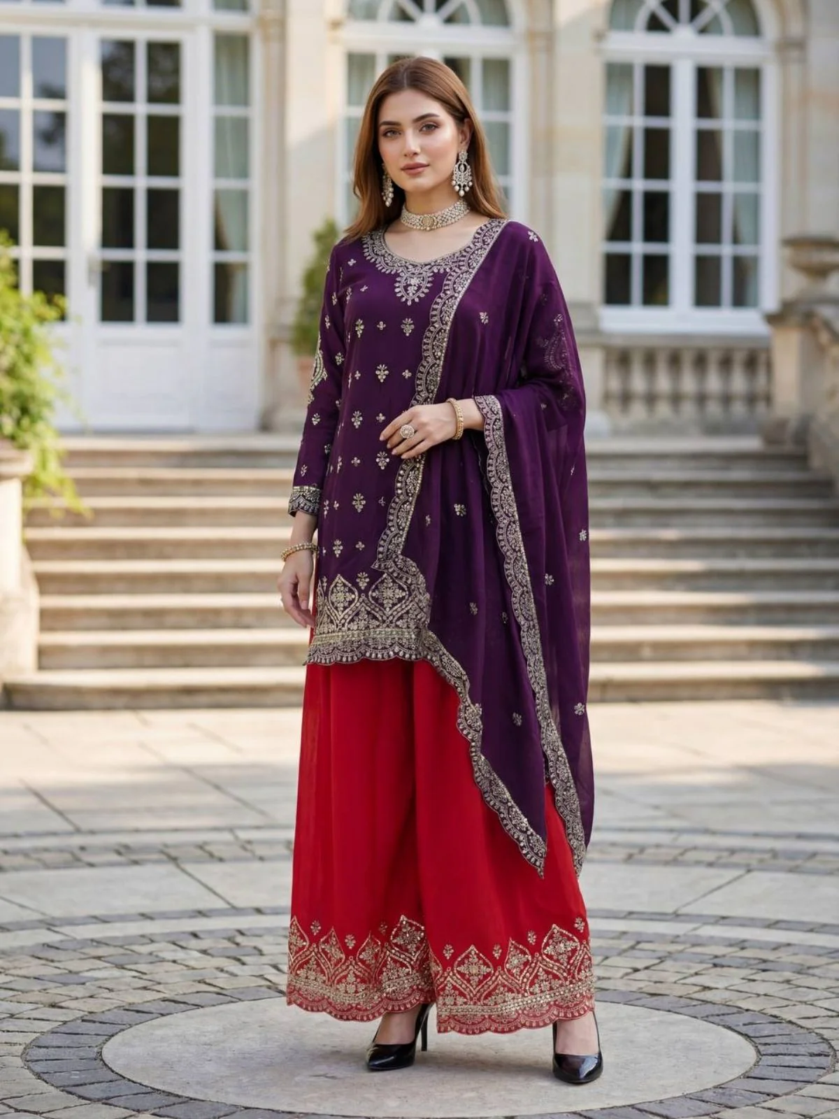 Odette Purple Chinon Solid Stitched Kurta Set For Women - Image 2