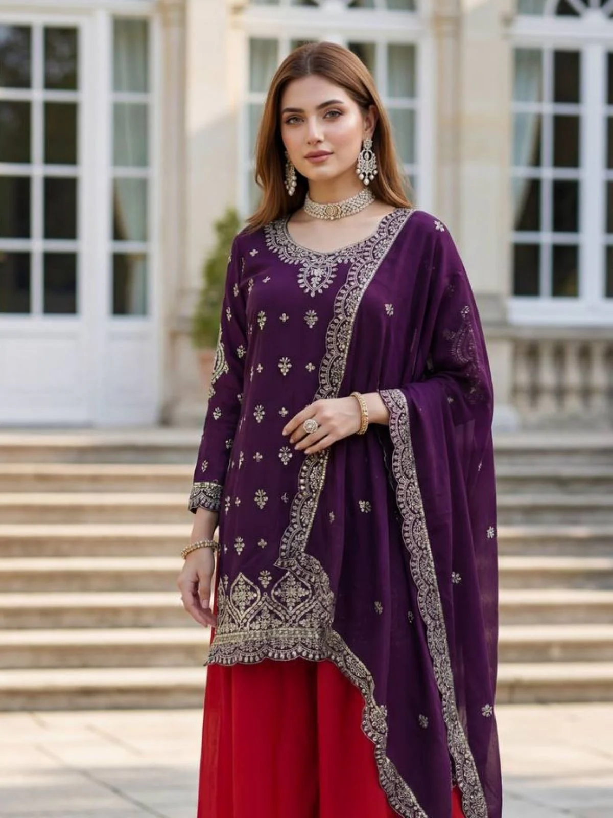 Odette Purple Chinon Solid Stitched Kurta Set For Women - Image 4