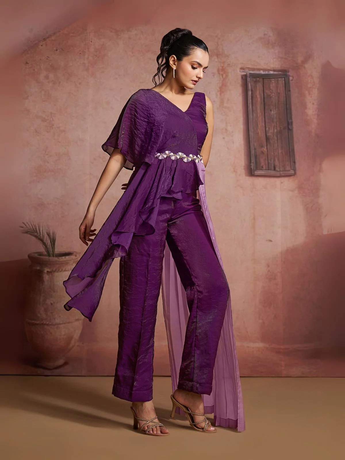 Odette Purple Cotton Blend Embellished Co-ord Set For Women - Image 3