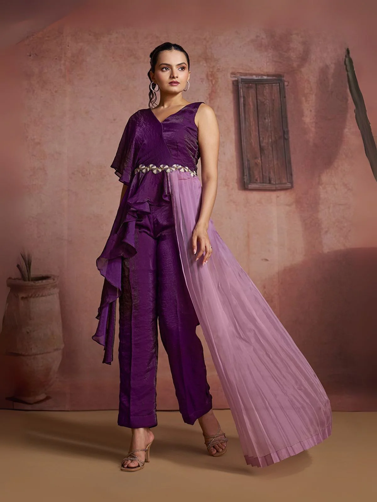 Odette Purple Cotton Blend Embellished Co-ord Set For Women - Image 4