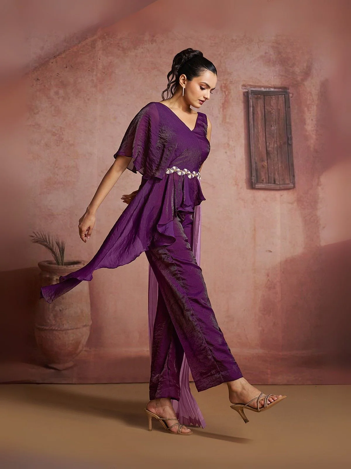Odette Purple Cotton Blend Embellished Co-ord Set For Women - Image 5