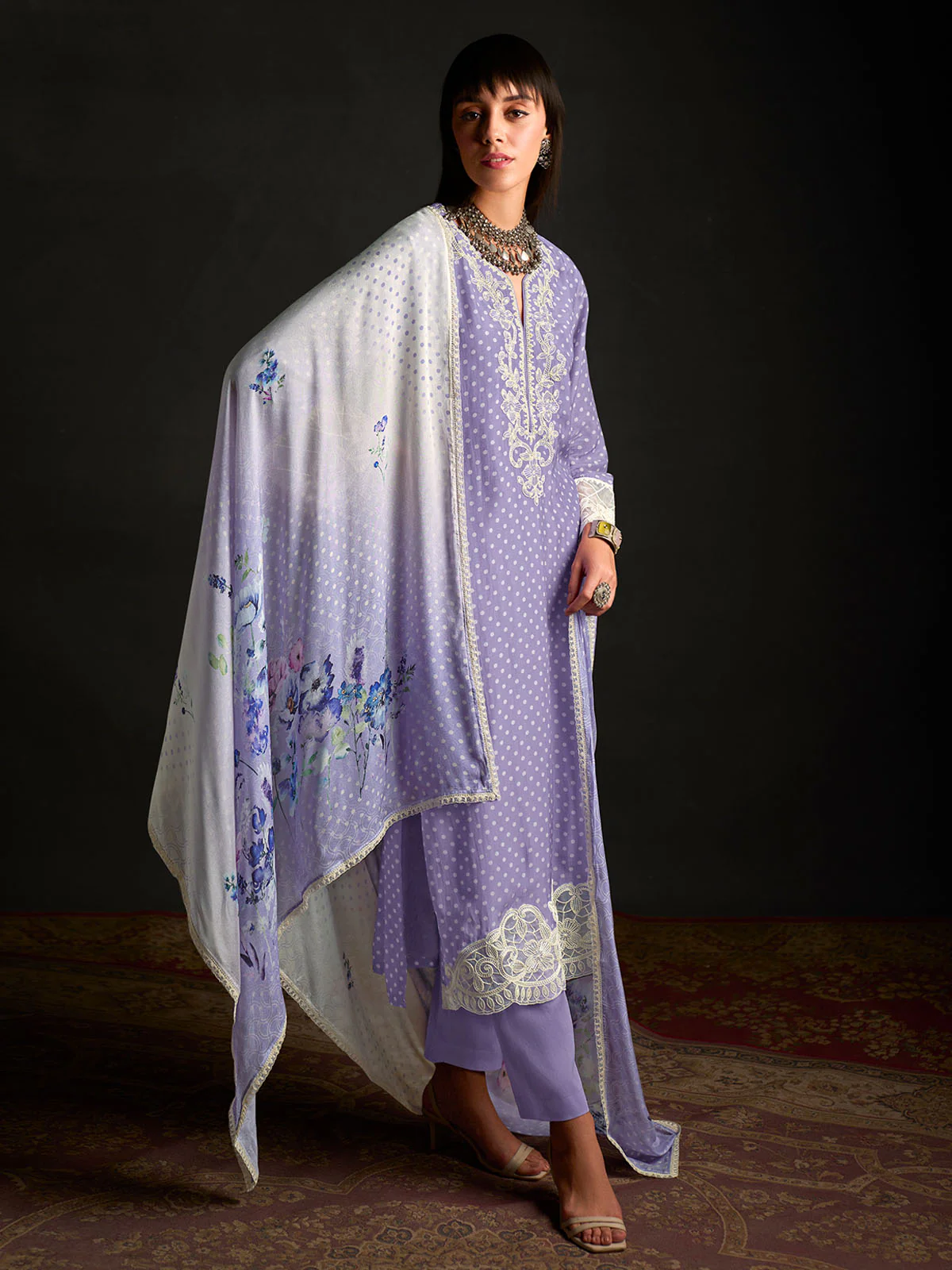 Odette Purple Cotton Blend  Embroidered Semi-Stitched Kurta Set For Women - Image 3
