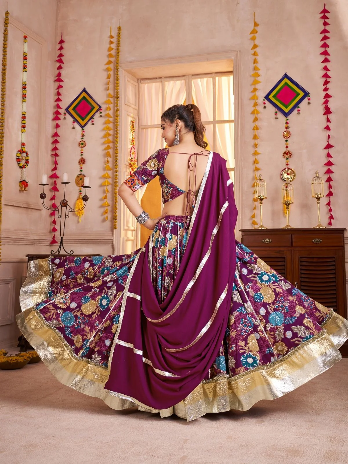 Odette Purple Cotton Blend Embroidered  Semi-Stitched Lehenga For Women - Image 2
