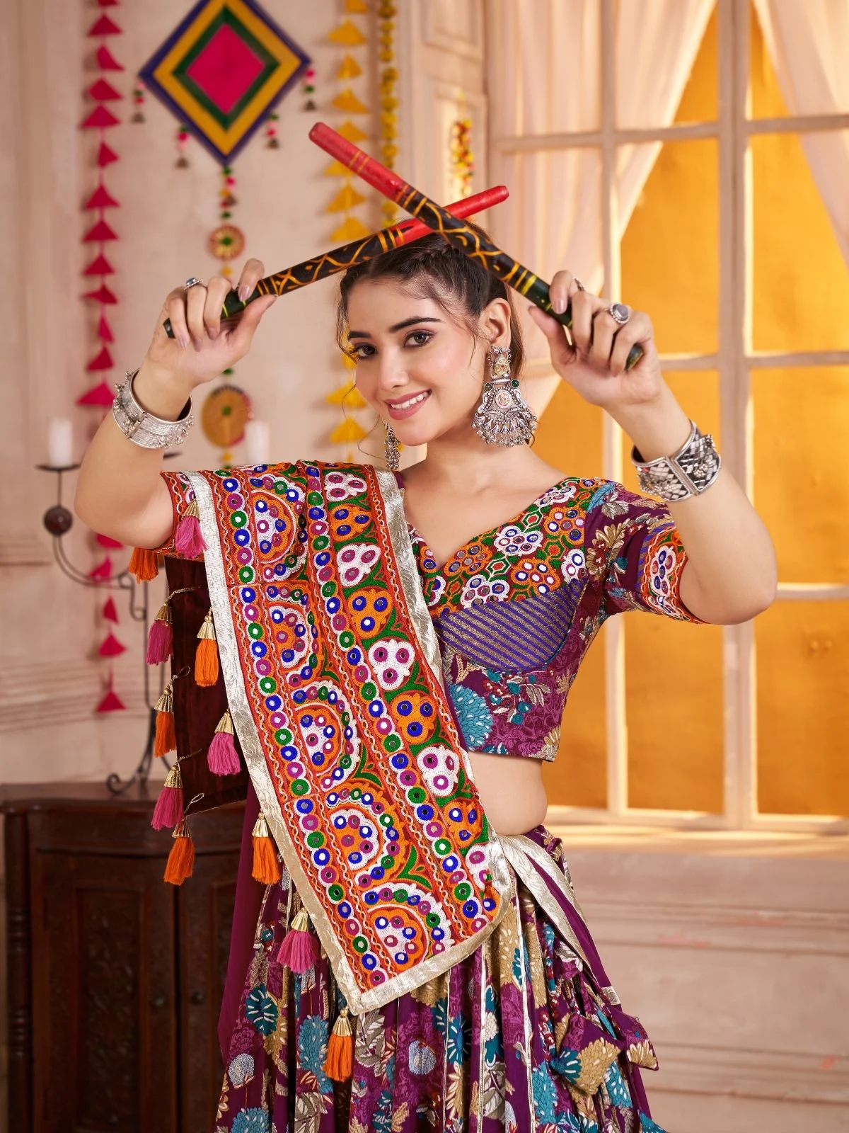Odette Purple Cotton Blend Embroidered  Semi-Stitched Lehenga For Women - Image 4