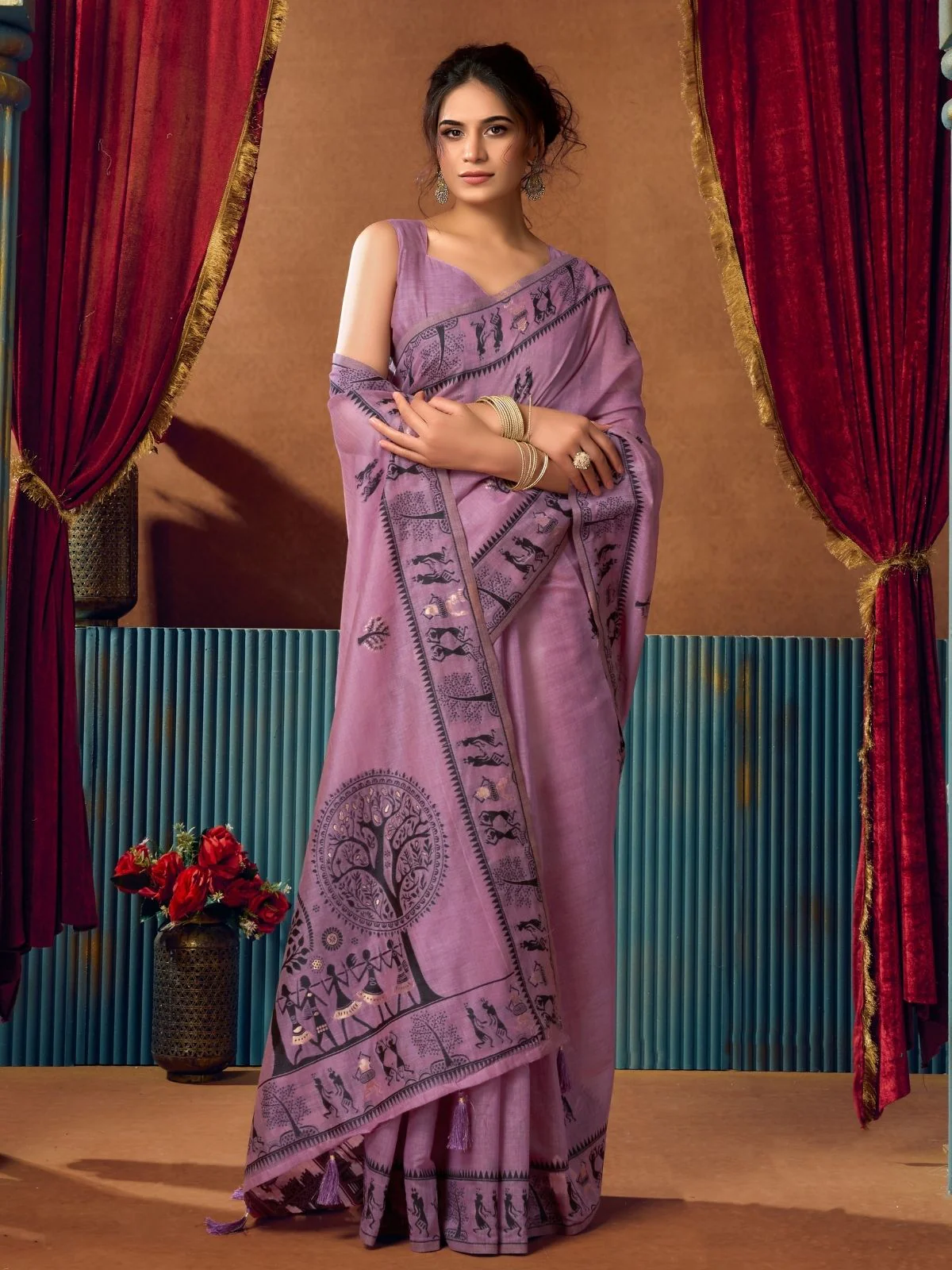 Odette Purple  Cotton Blend Printed Saree For Women - Image 3