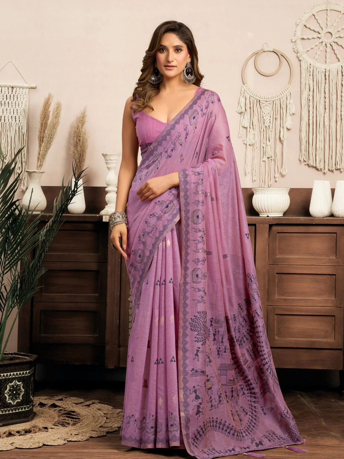 Odette Purple Cotton Blend Printed Saree For Women