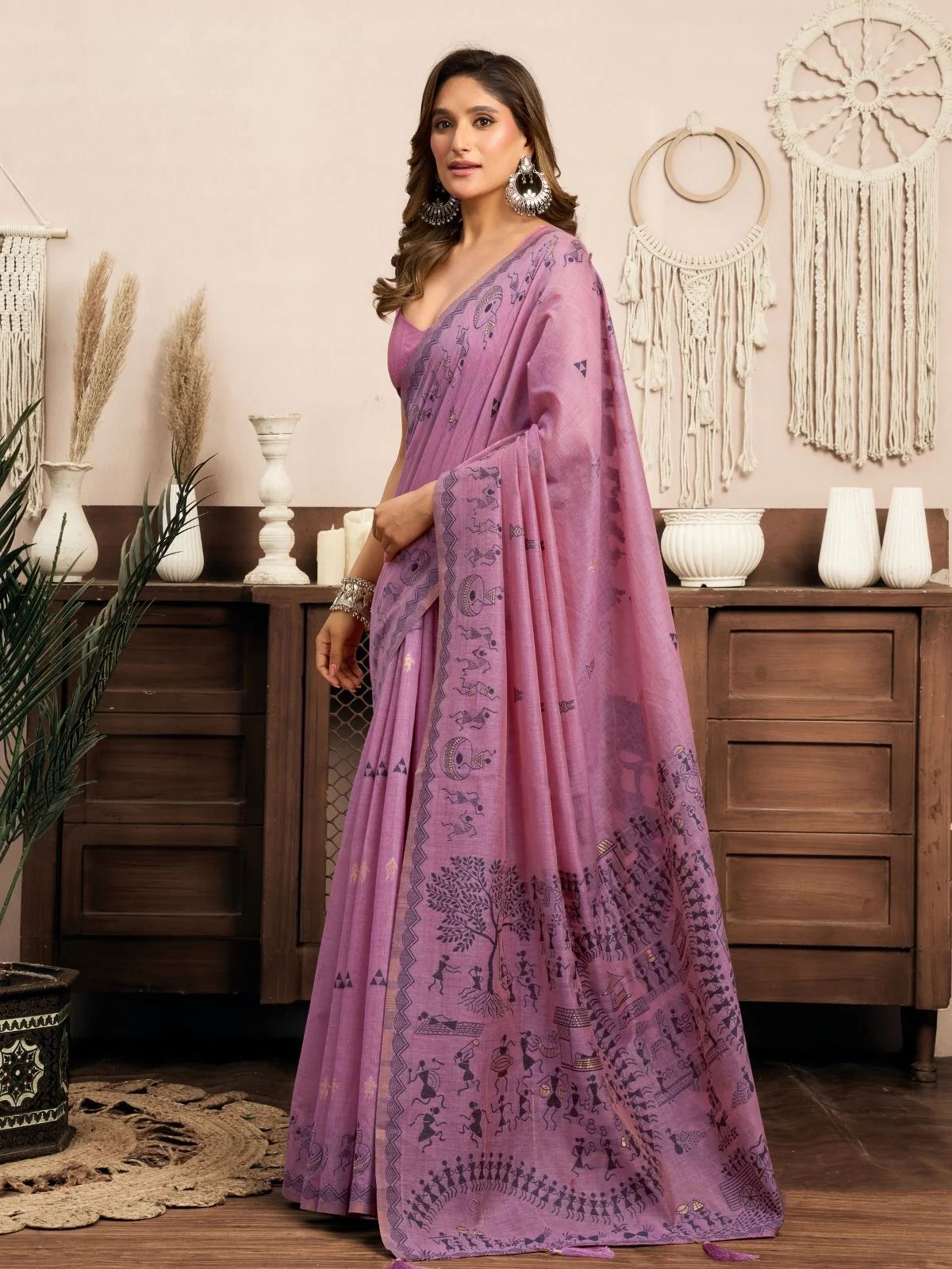 Odette Purple Cotton Blend Printed Saree For Women - Image 2