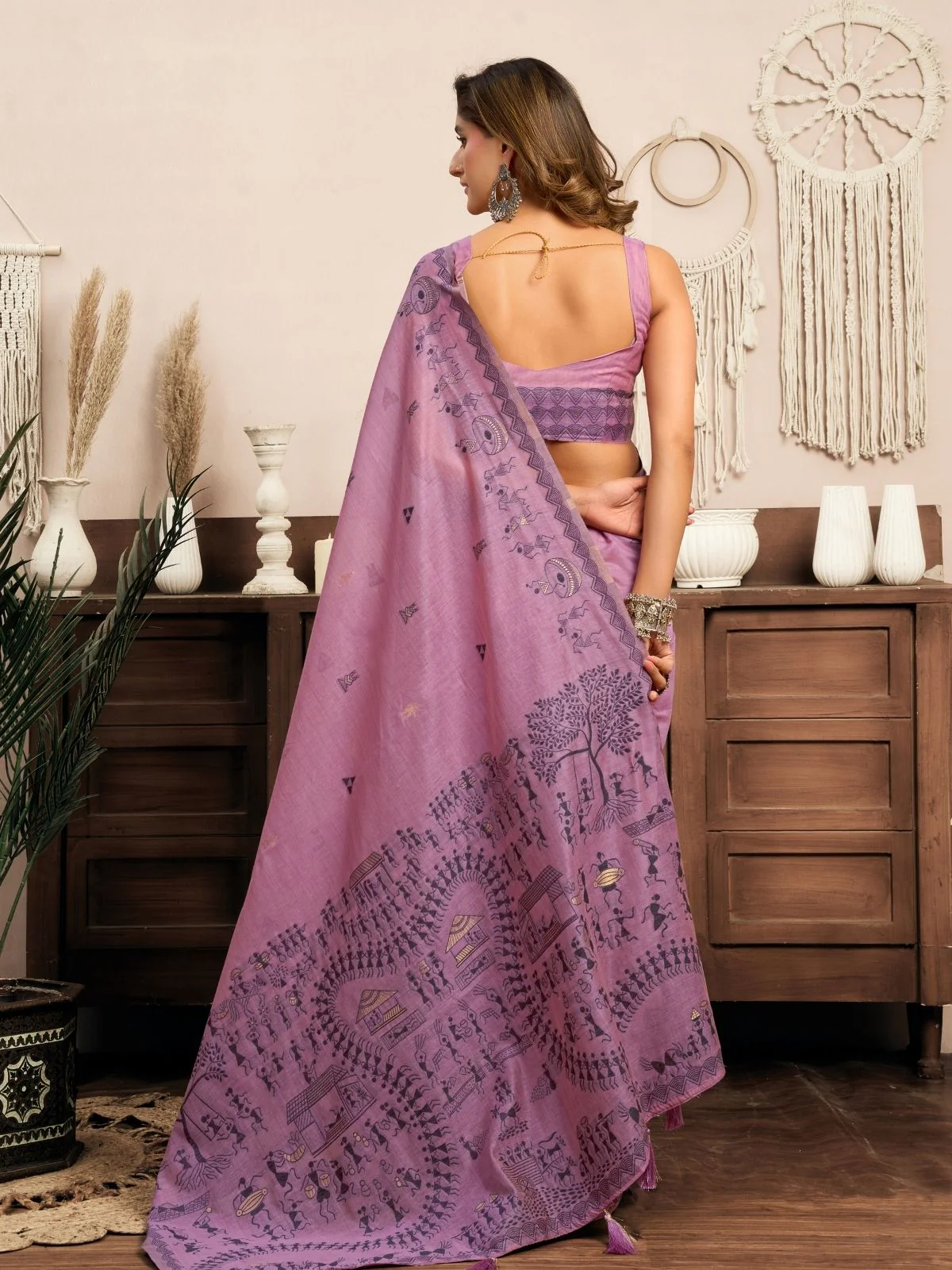 Odette Purple Cotton Blend Printed Saree For Women - Image 4