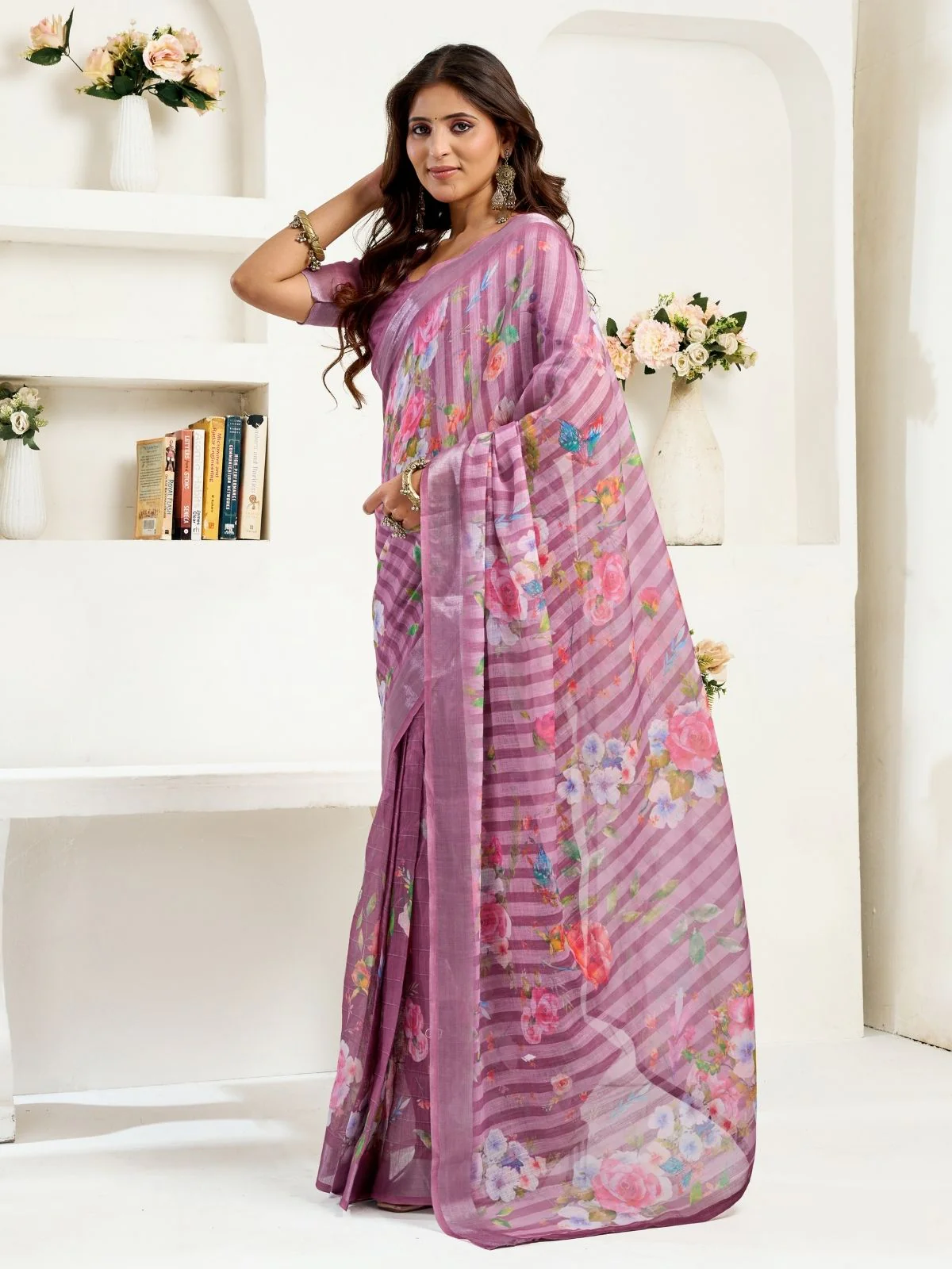 Odette Purple Cotton Linen Zari Work Saree For Women - Image 3