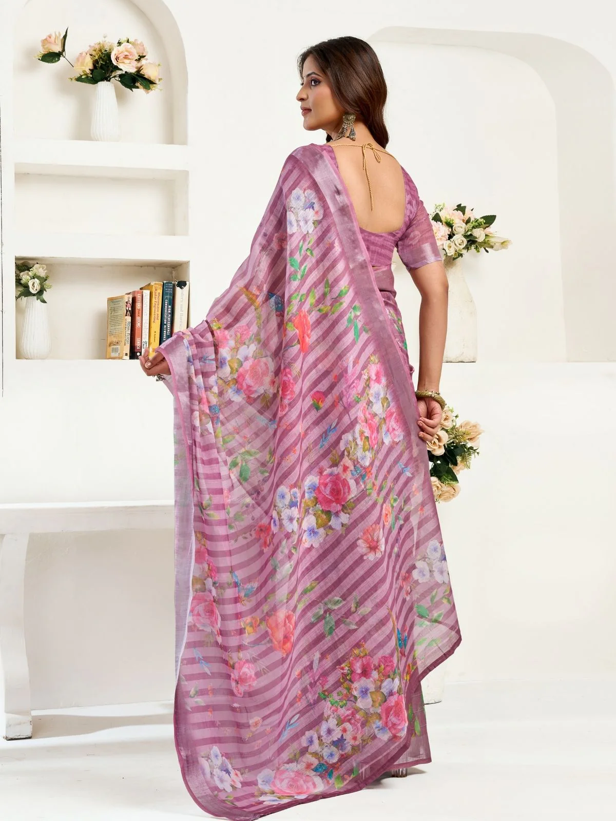 Odette Purple Cotton Linen Zari Work Saree For Women - Image 4