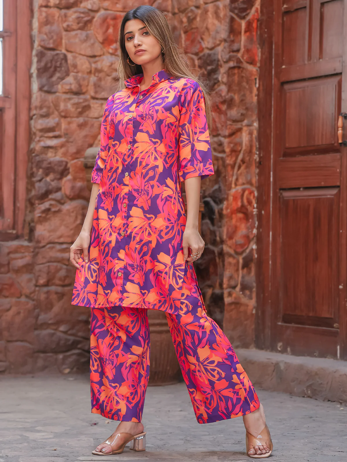 Odette Purple and Pink Cotton Printed Co Ord Set for Women - Image 2