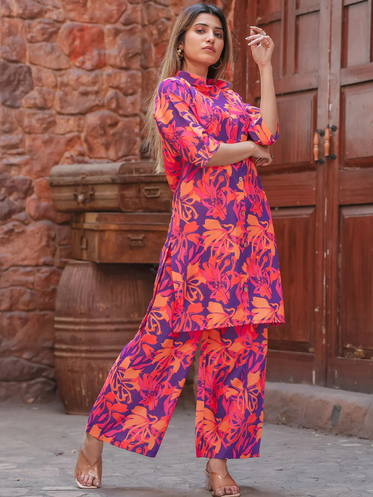 Odette Purple and Pink Cotton Printed Co Ord Set for Women - Image 3