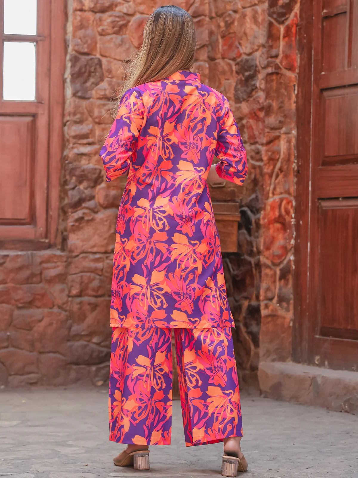 Odette Purple and Pink Cotton Printed Co Ord Set for Women - Image 4