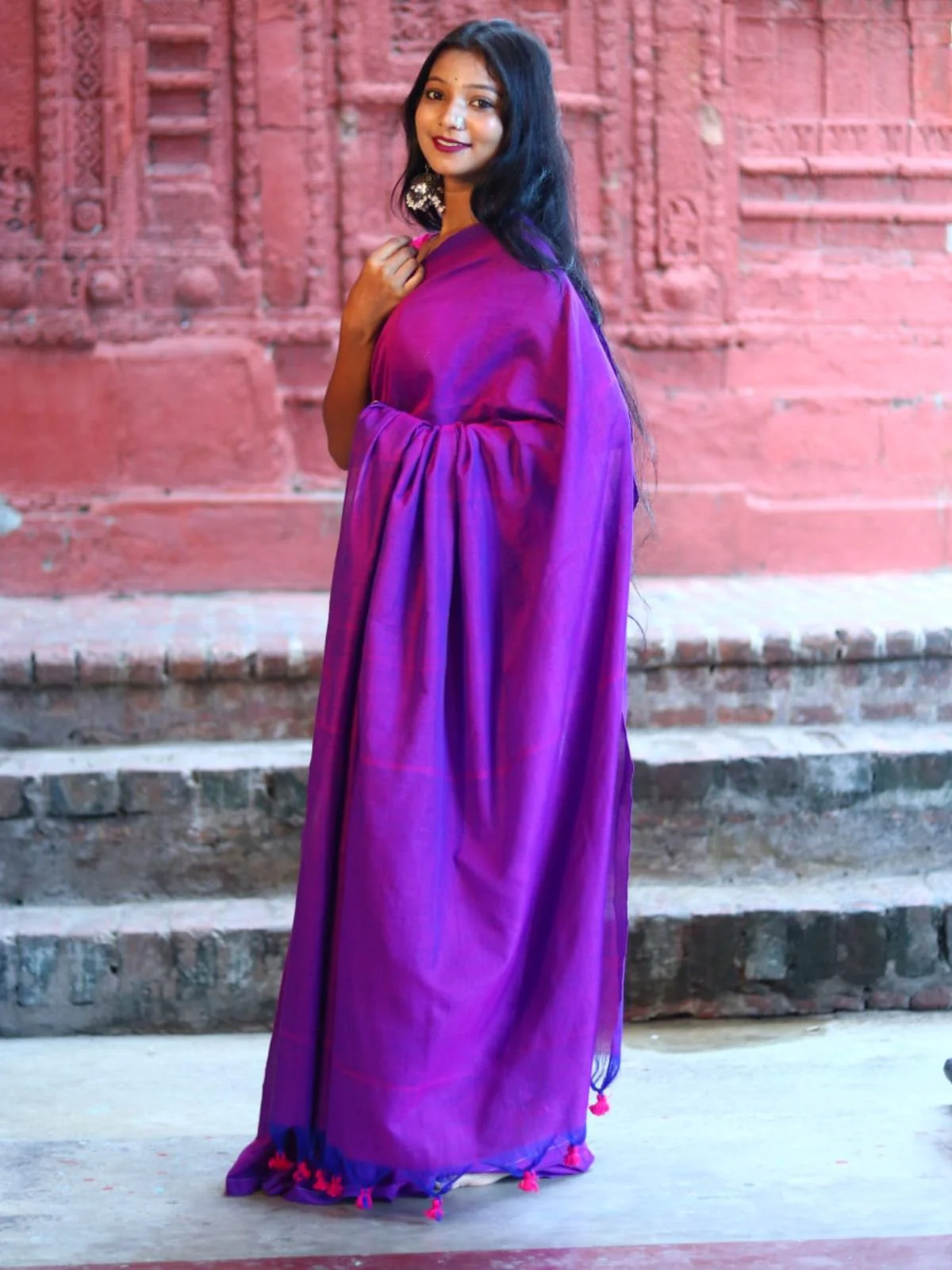 Odette Purple Cotton  Saree  With Unstitched Blouse for Women - Image 2