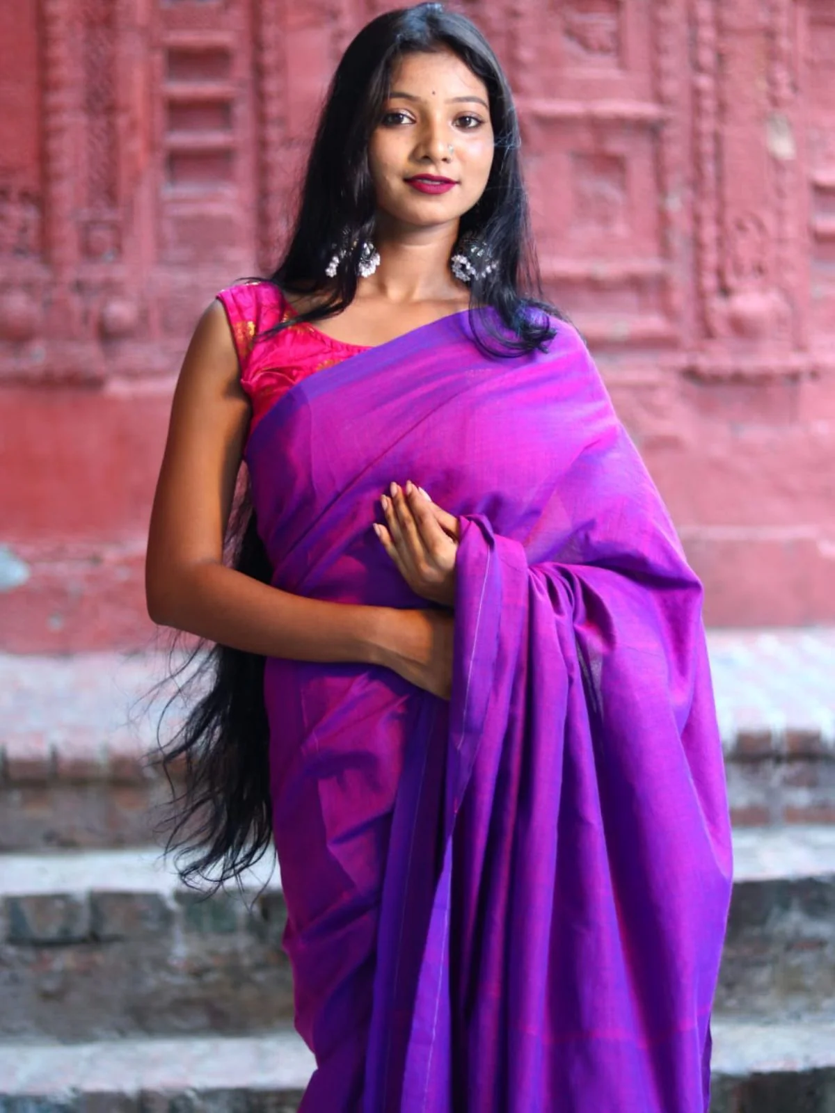 Odette Purple Cotton  Saree  With Unstitched Blouse for Women - Image 3
