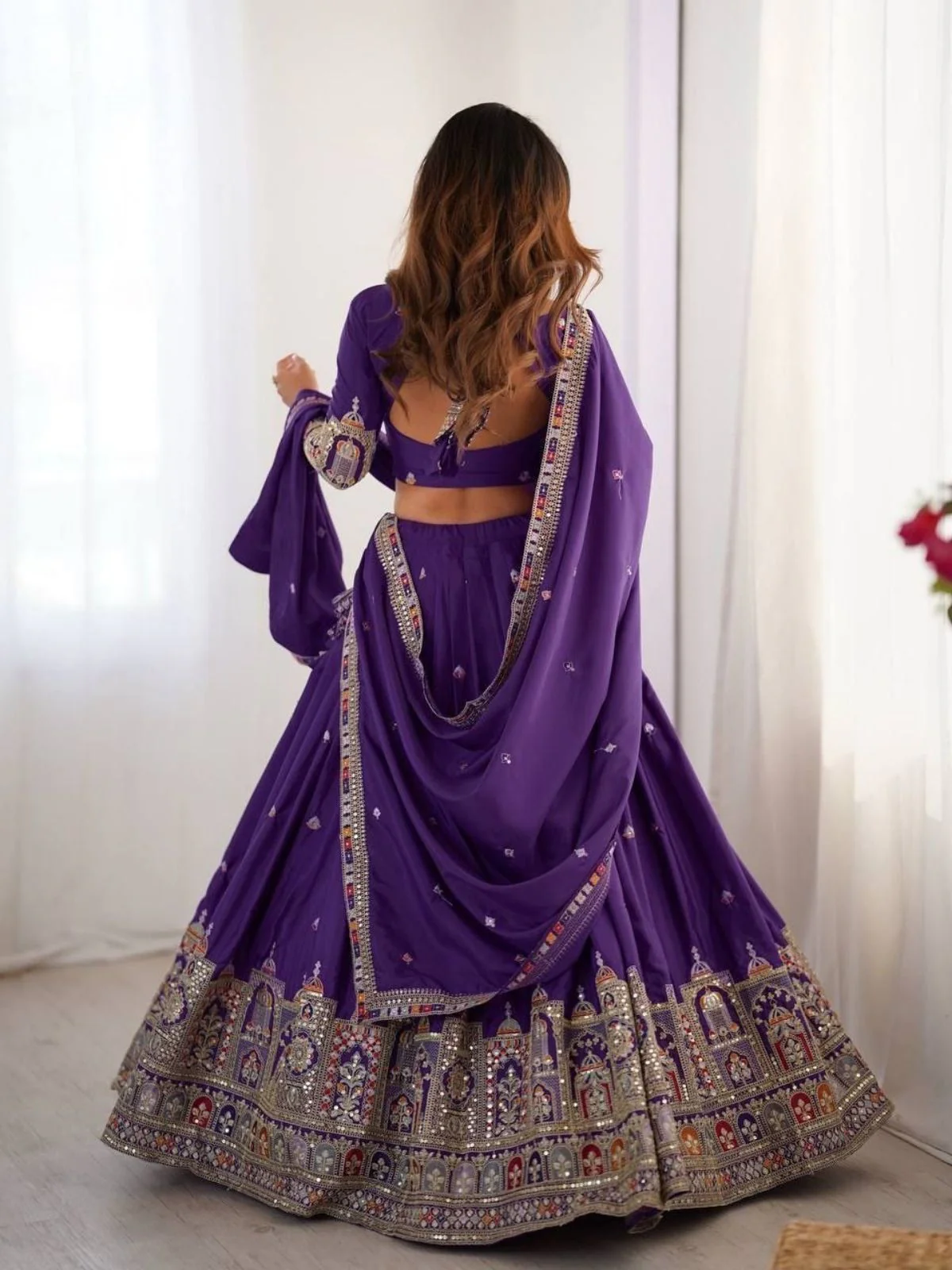 Odette Purple Crepe Embellished Semi Stitched Lehenga For Women - Image 4