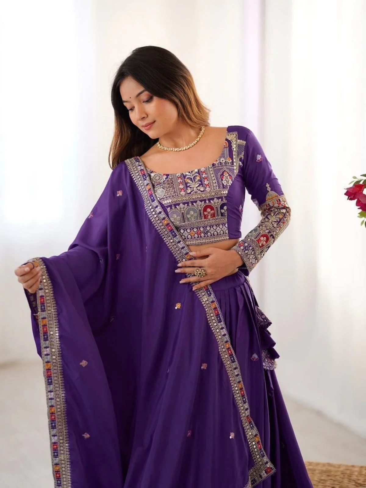 Odette Purple Crepe Embellished Semi Stitched Lehenga For Women - Image 5