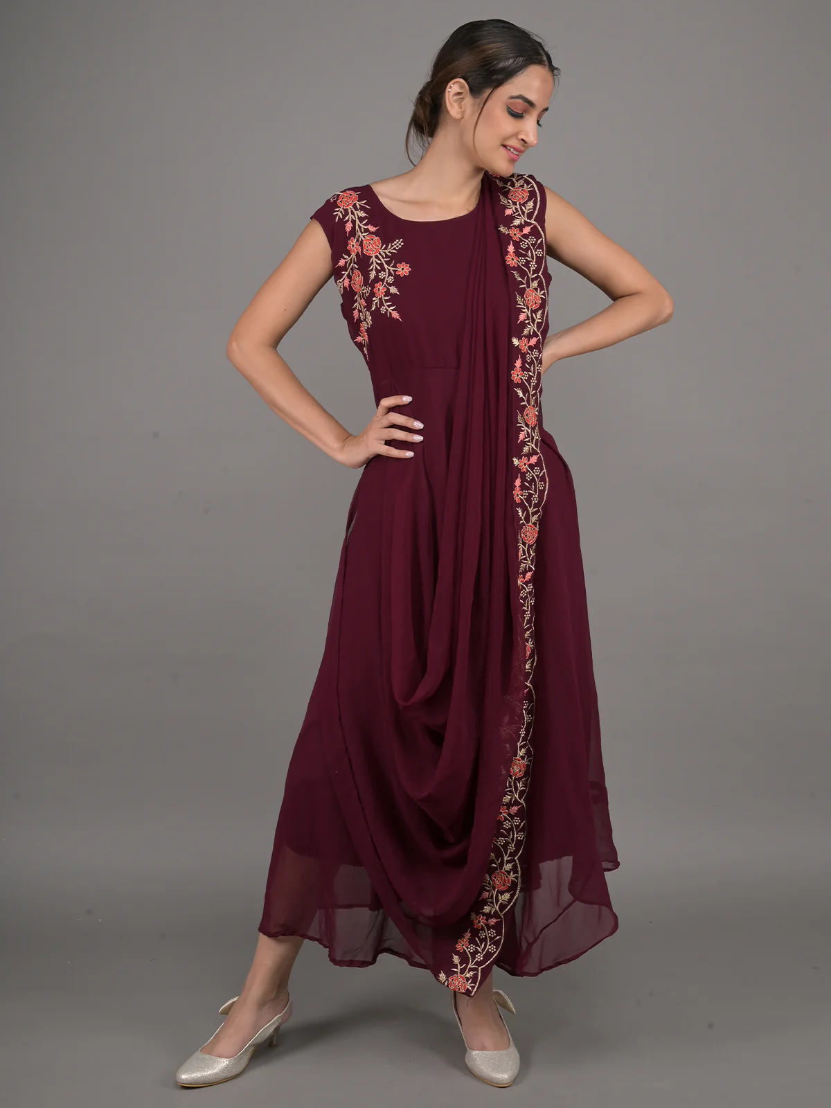 Odette Purple Crepe Embroidered Stitched Indo-Western Dress For Women - Image 2