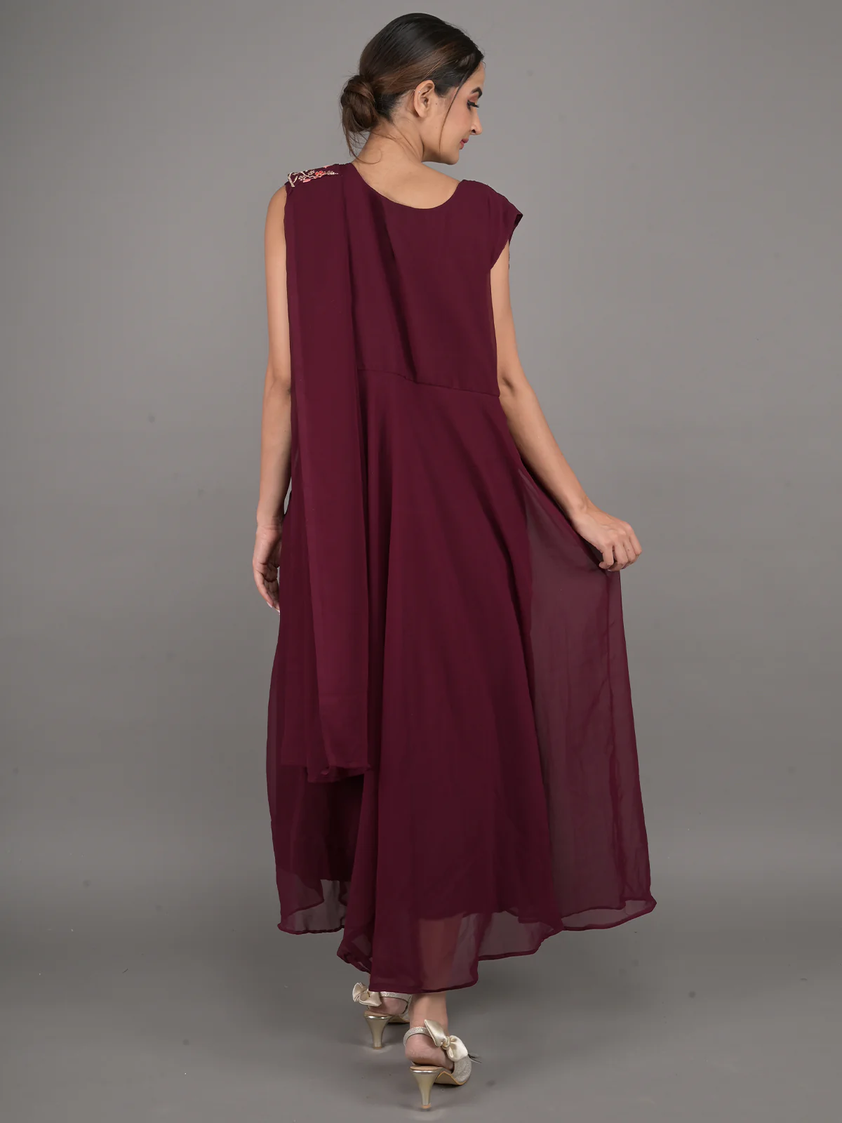 Odette Purple Crepe Embroidered Stitched Indo-Western Dress For Women - Image 3