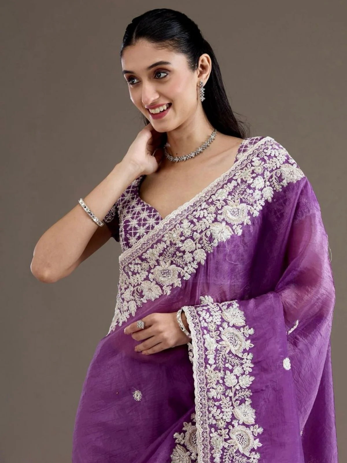 Odette Purple Crush Embellished Saree For Women - Image 3