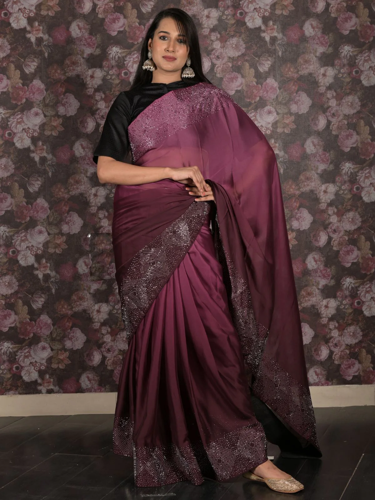 Odette Purple Embellished Crepe Saree With Unstitched Blouse For Women - Image 2