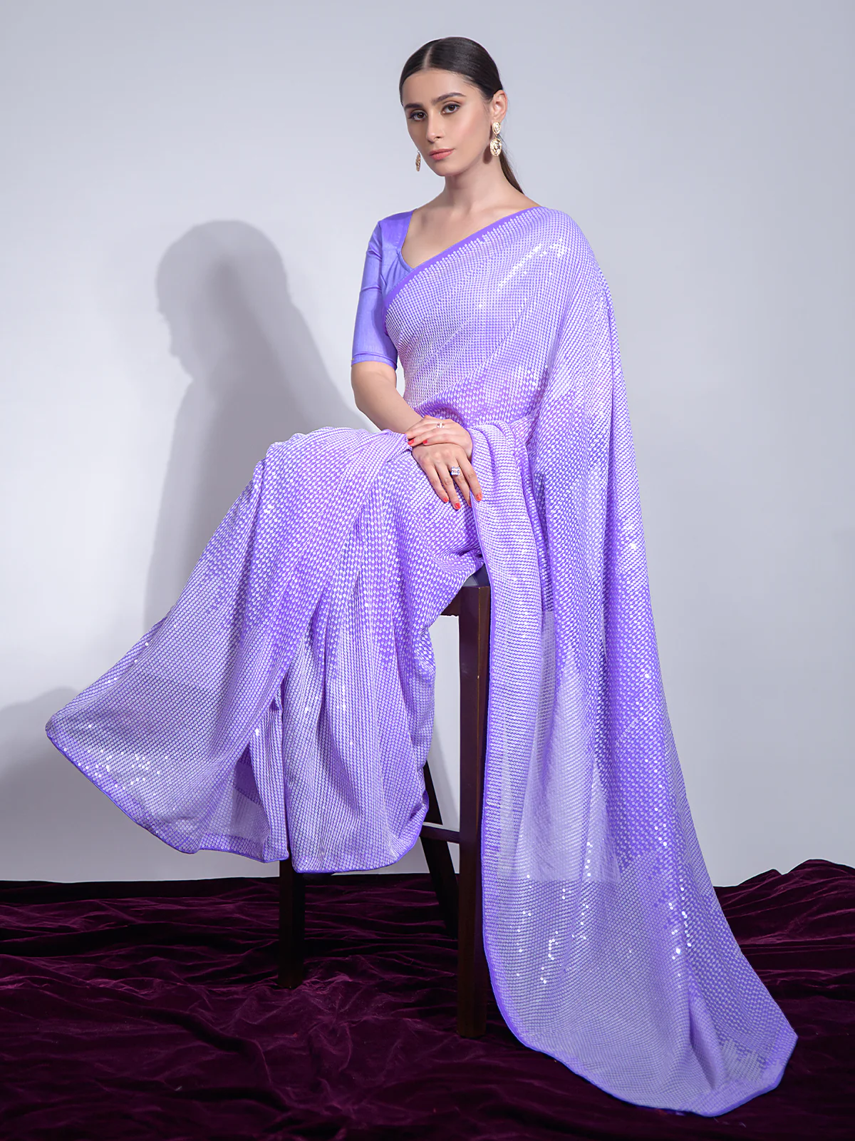 Odette Purple Embellished Georgette Saree With Unstitched Blouse For Women - Image 2