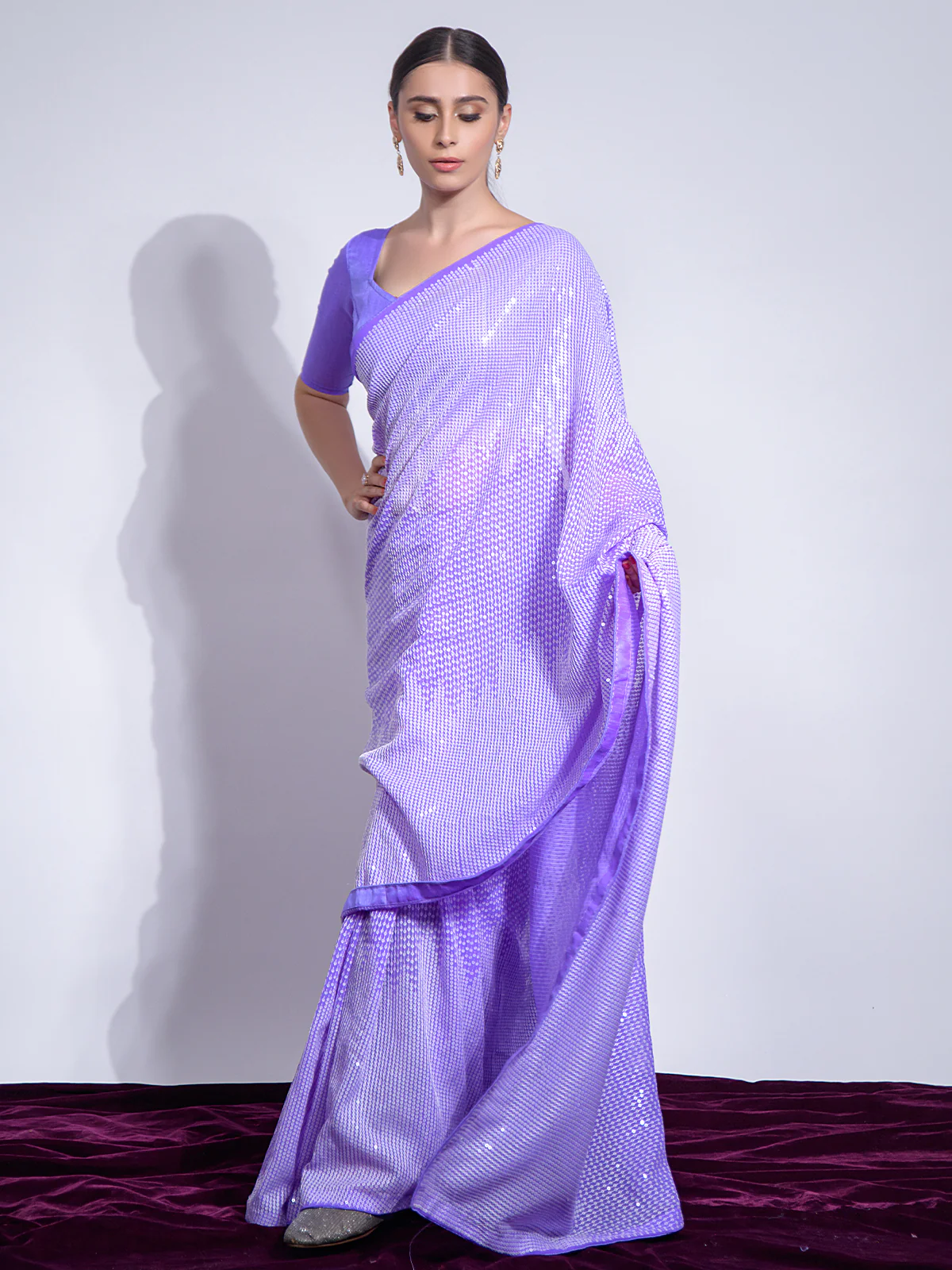 Odette Purple Embellished Georgette Saree With Unstitched Blouse For Women - Image 3