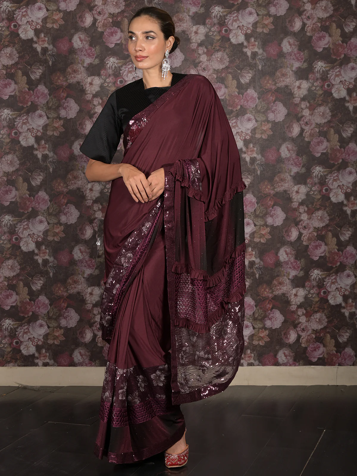 Odette Purple Embellished Lycra Saree With Unstitched Blouse For Women - Image 2
