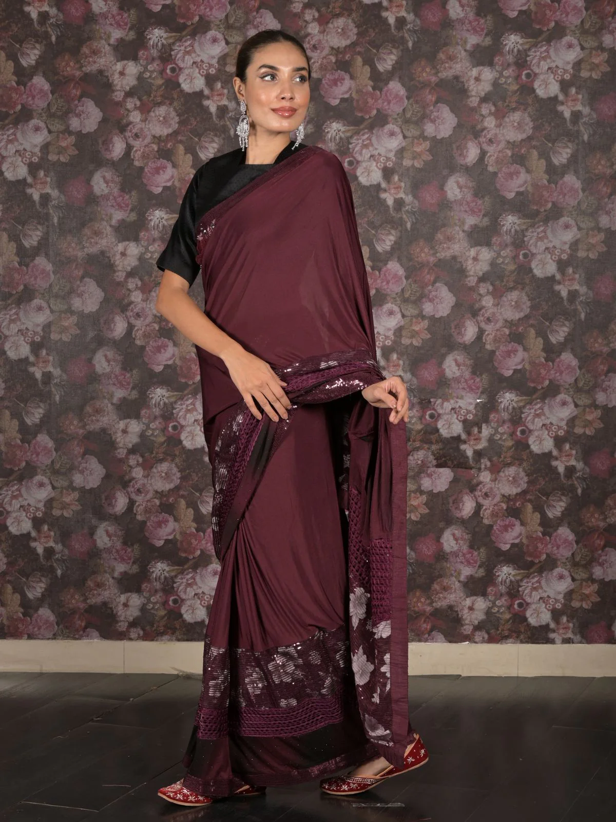 Odette Purple Embellished Lycra Saree With Unstitched Blouse For Women - Image 3