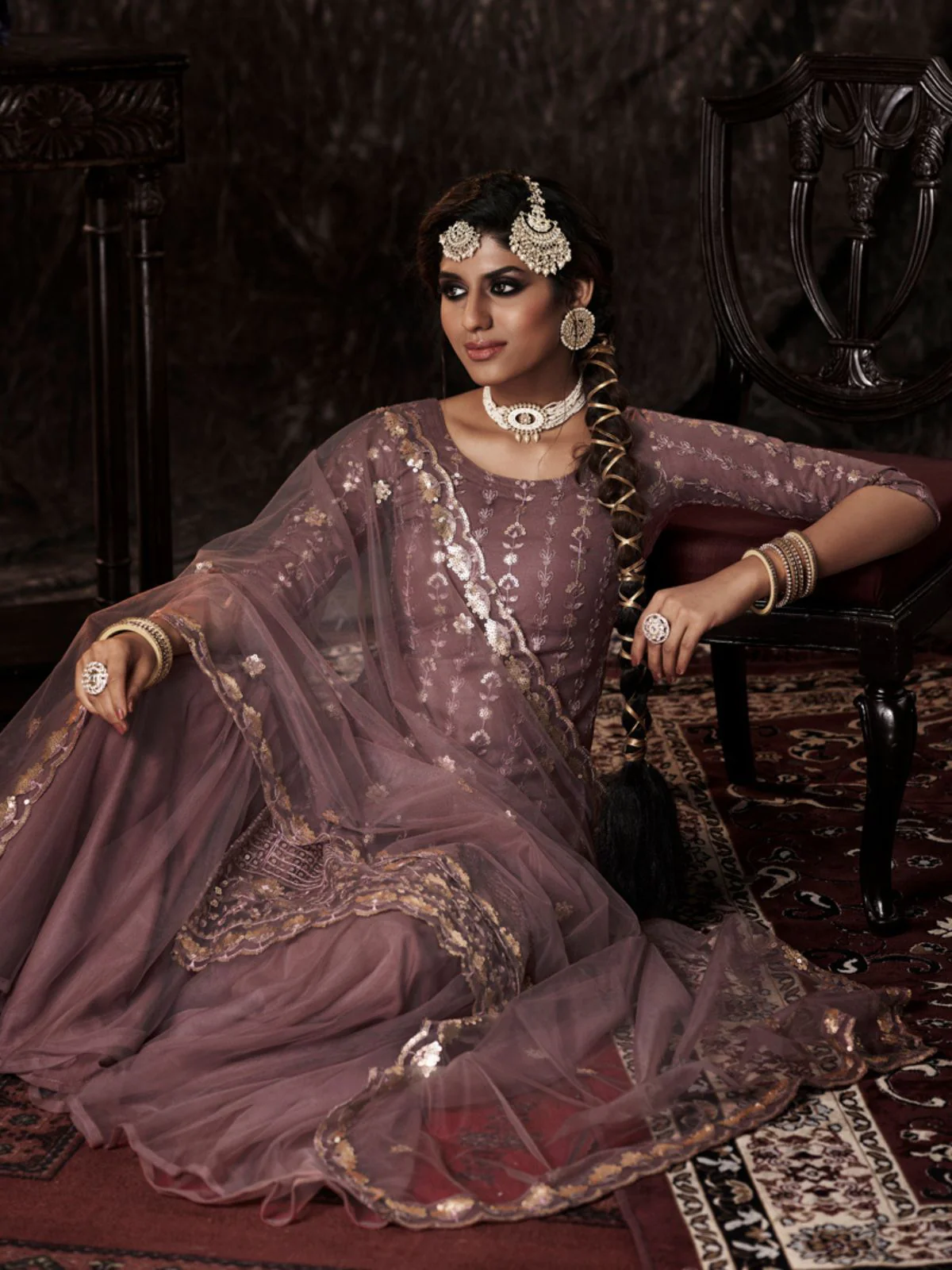 Odette Purple Embellished Soft Net Semi Stitched Kurta Set With Dupatta For Women - Image 2