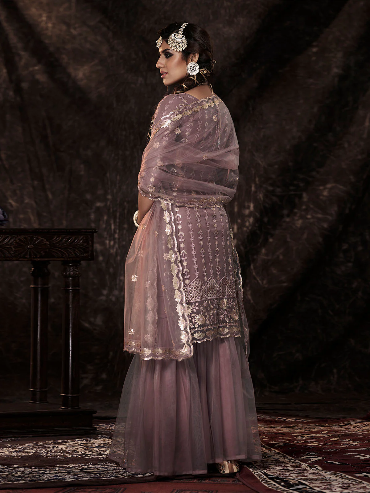 Odette Purple Embellished Soft Net Semi Stitched Kurta Set With Dupatta For Women - Image 3