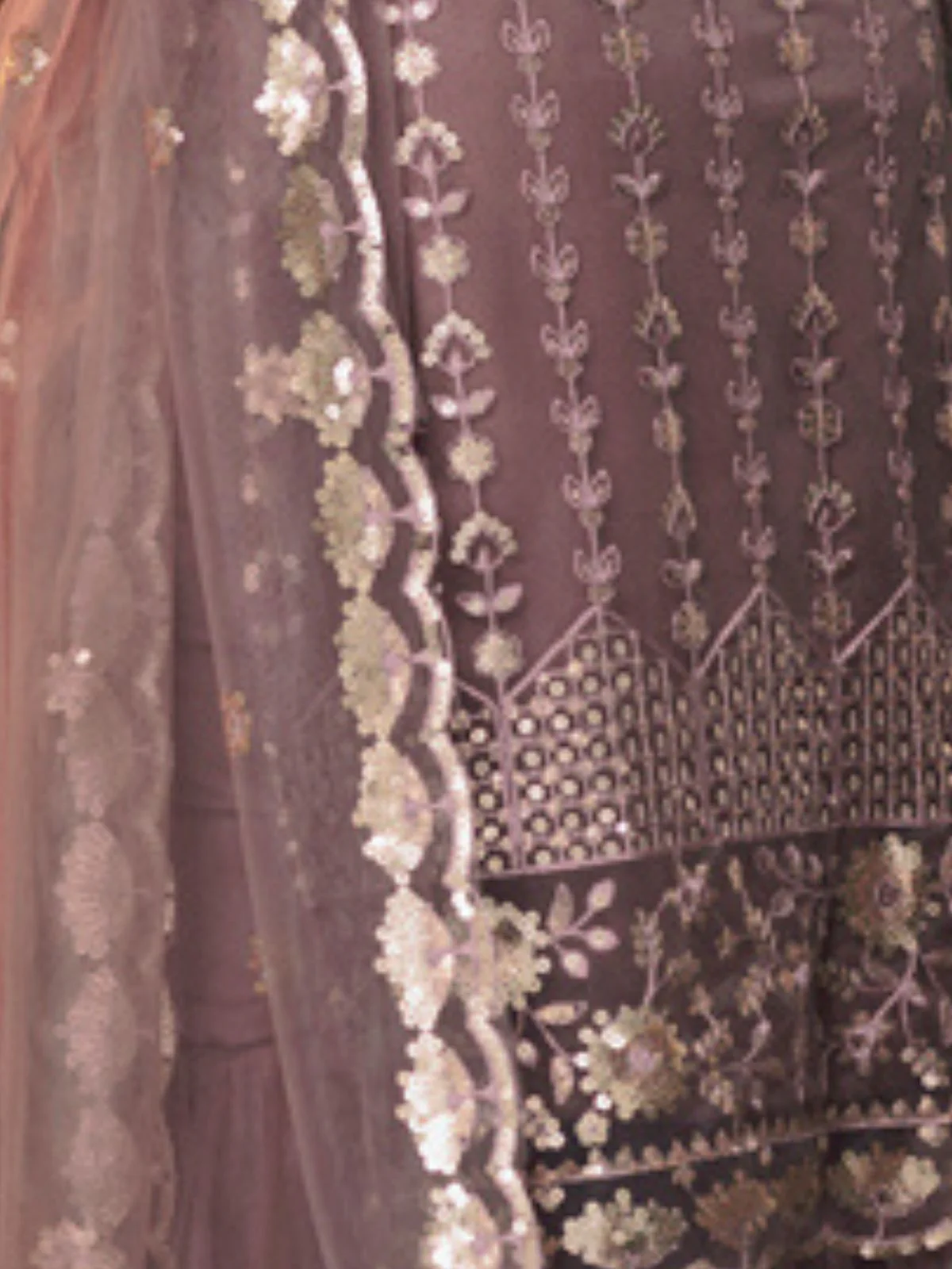 Odette Purple Embellished Soft Net Semi Stitched Kurta Set With Dupatta For Women - Image 4