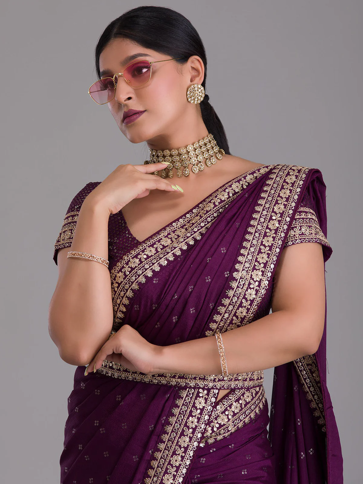 Odette Purple Embroidered Art Silk Saree With Unstitched Blouse For Women - Image 5